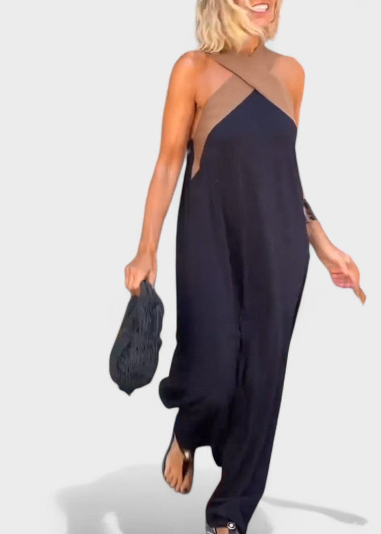 Abito midi all'americana con fasce incrociate a contrasto