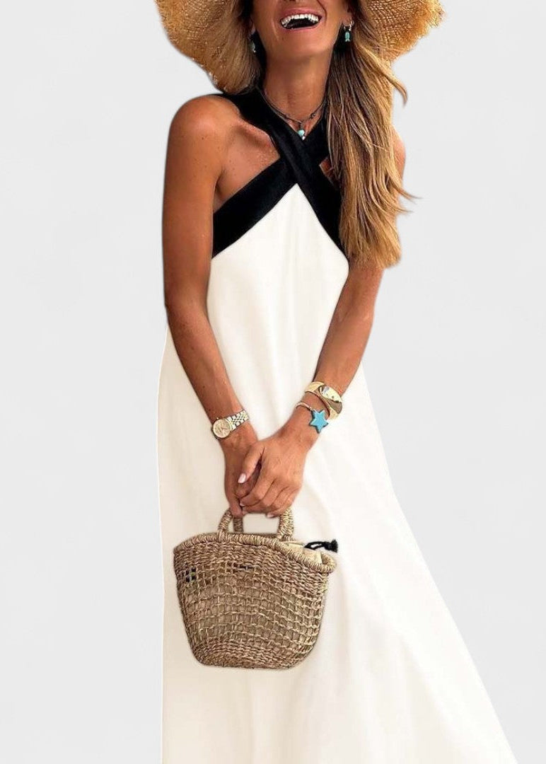 Abito midi all'americana con fasce incrociate a contrasto
