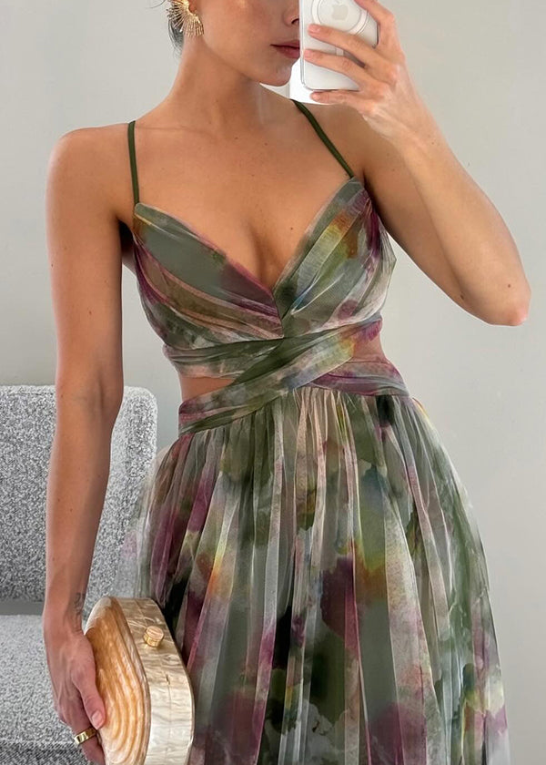 Abito lungo in chiffon a fiori con scollo a portafoglio