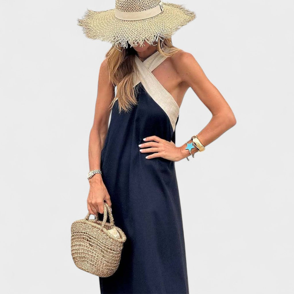 Abito midi all'americana con fasce incrociate a contrasto
