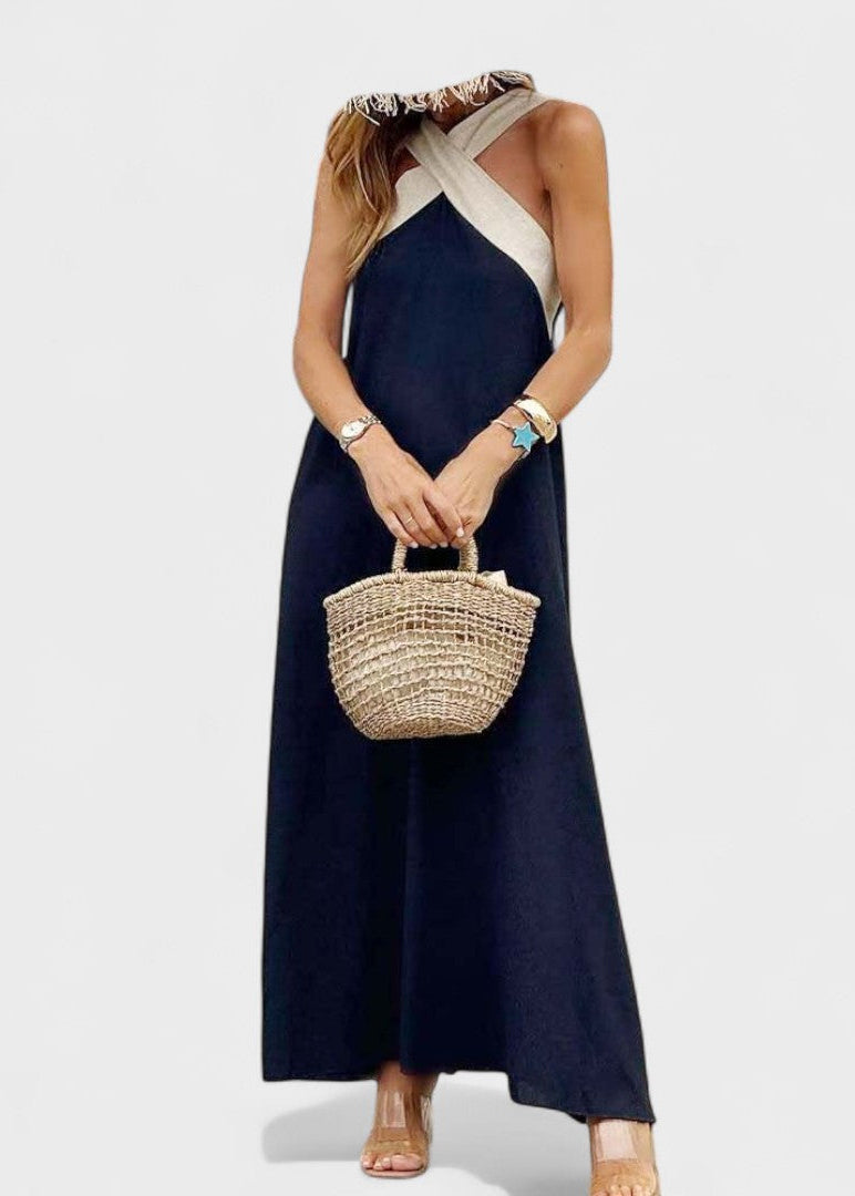 Abito midi all'americana con fasce incrociate a contrasto