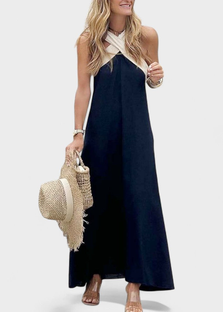 Abito midi all'americana con fasce incrociate a contrasto