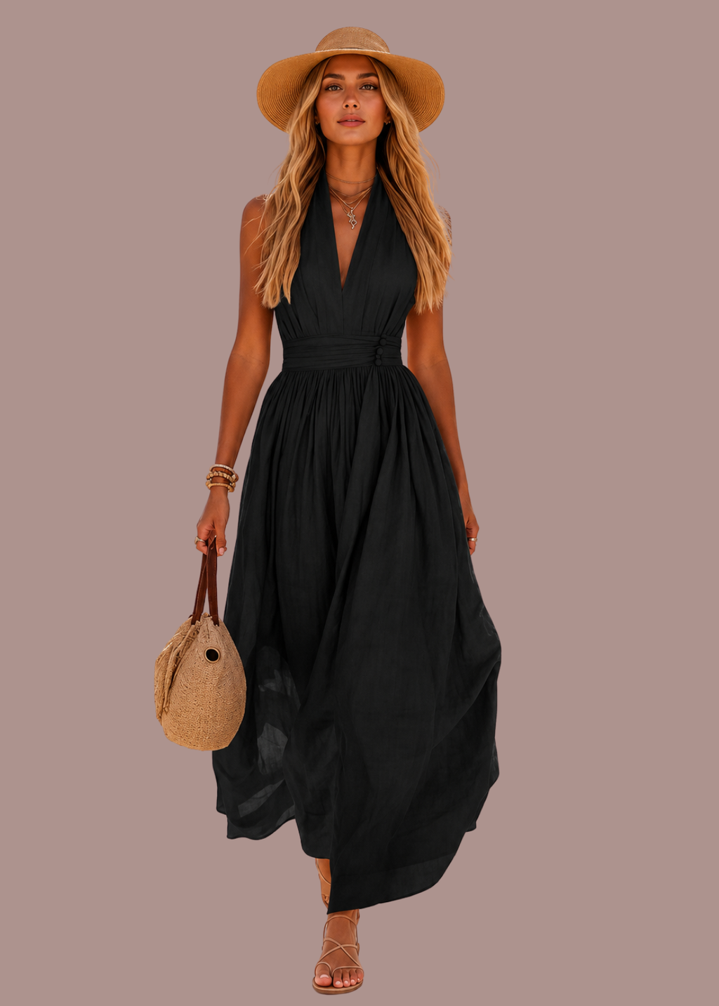 Abito lungo boho all'americana con scollo a V profondo