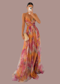 Abito lungo in chiffon a fiori con scollo a portafoglio