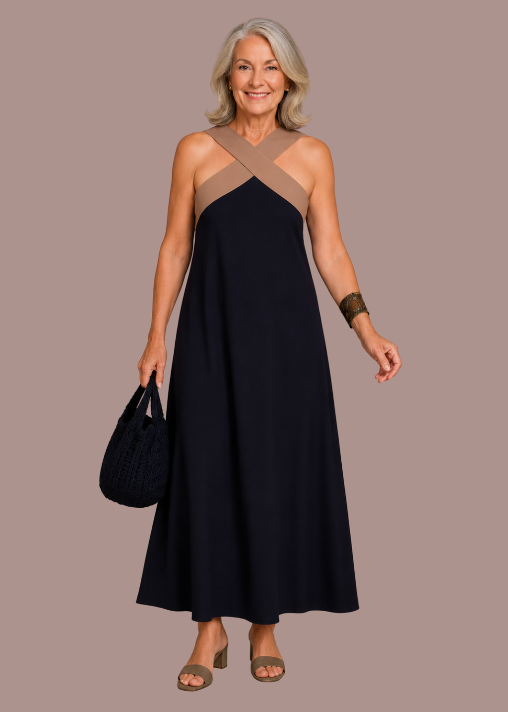 Abito midi all'americana con fasce incrociate a contrasto