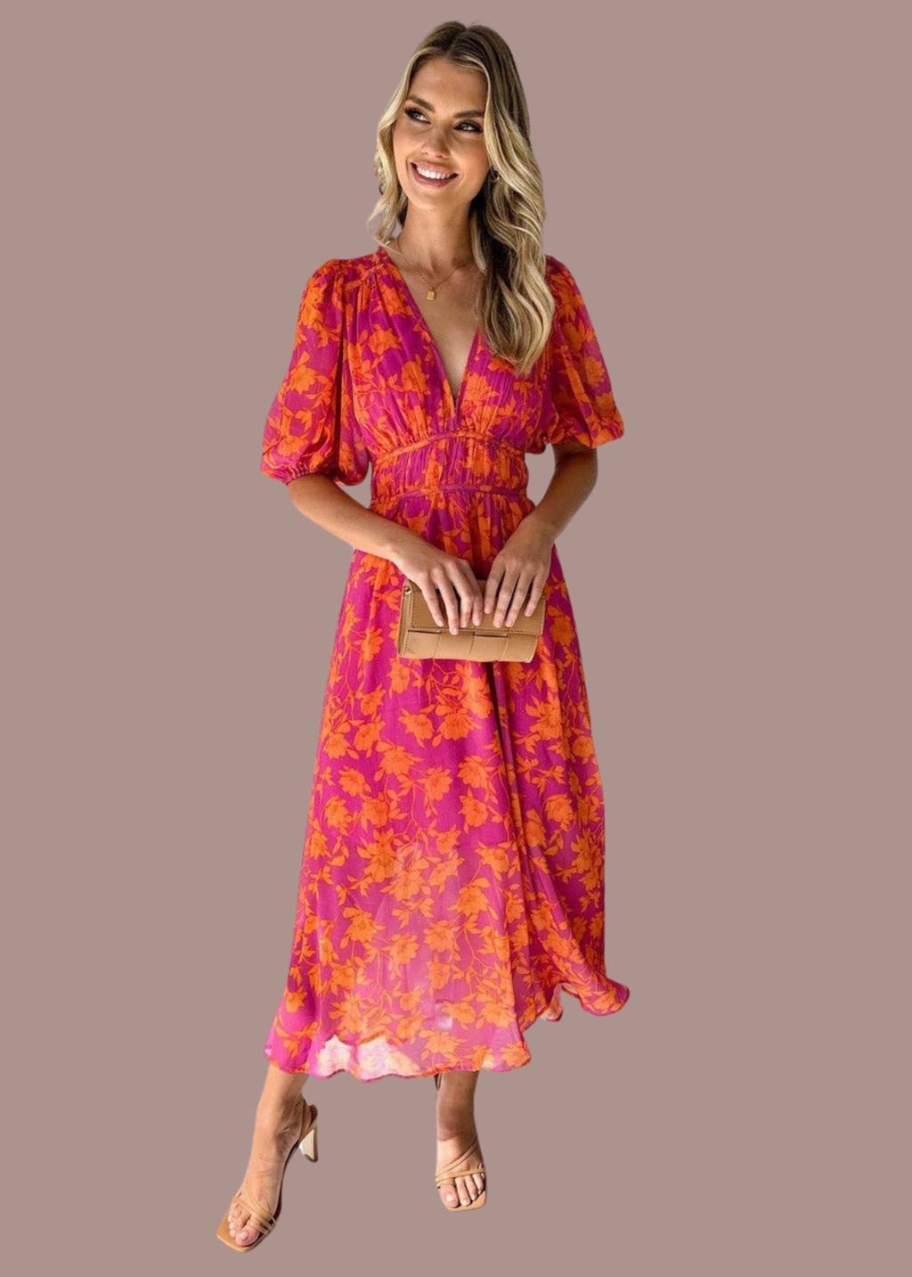 Abito midi a fiori con scollo a V e maniche a sbuffo