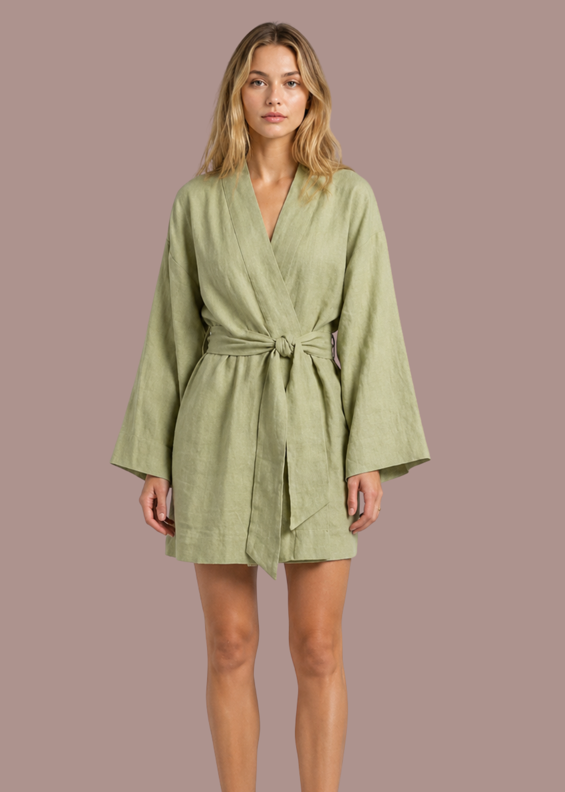 Abito a kimono in lino a portafoglio con cintura a fiocco