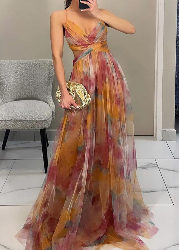 Abito lungo in chiffon a fiori con scollo a portafoglio