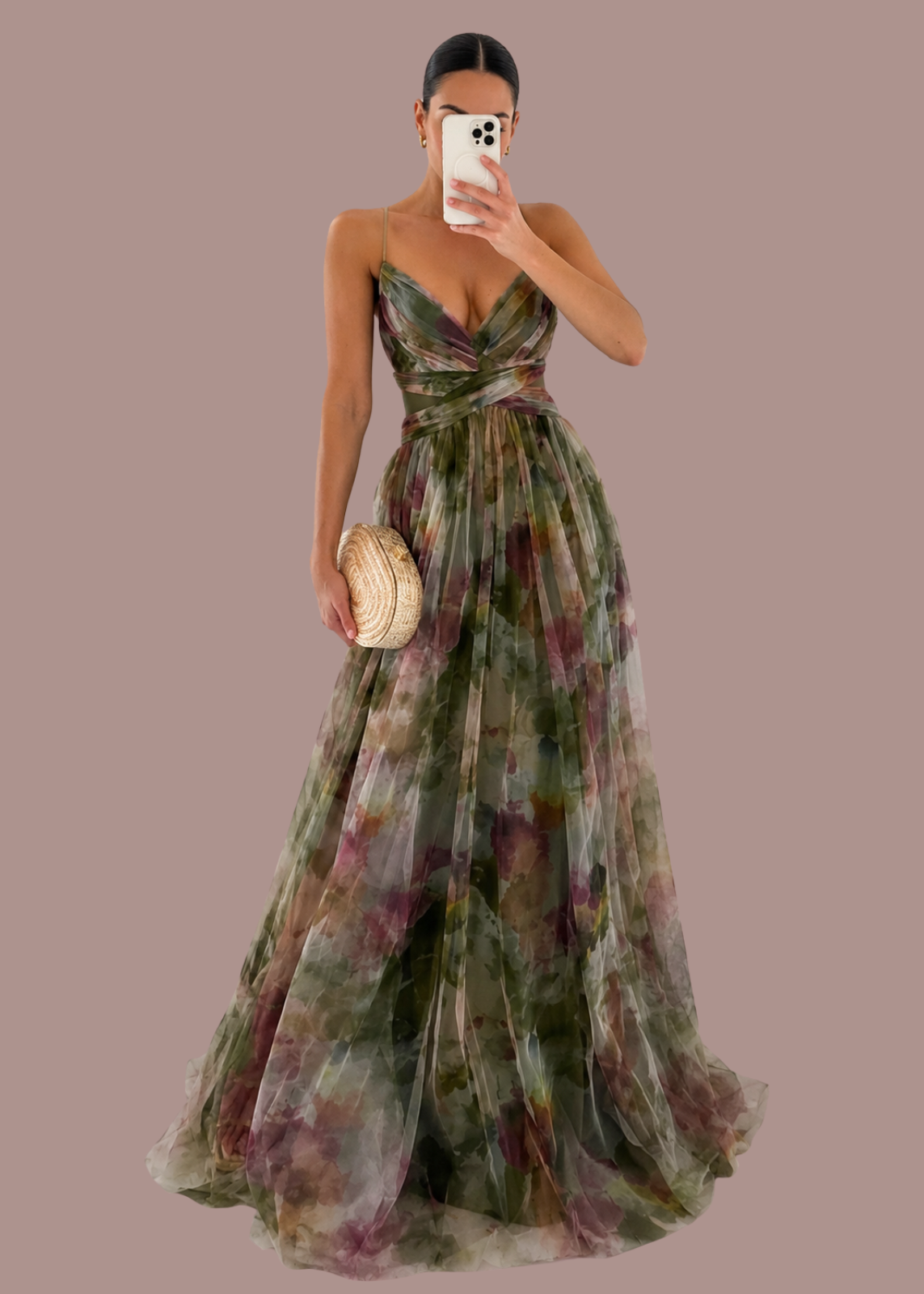 Abito lungo in chiffon a fiori con scollo a portafoglio