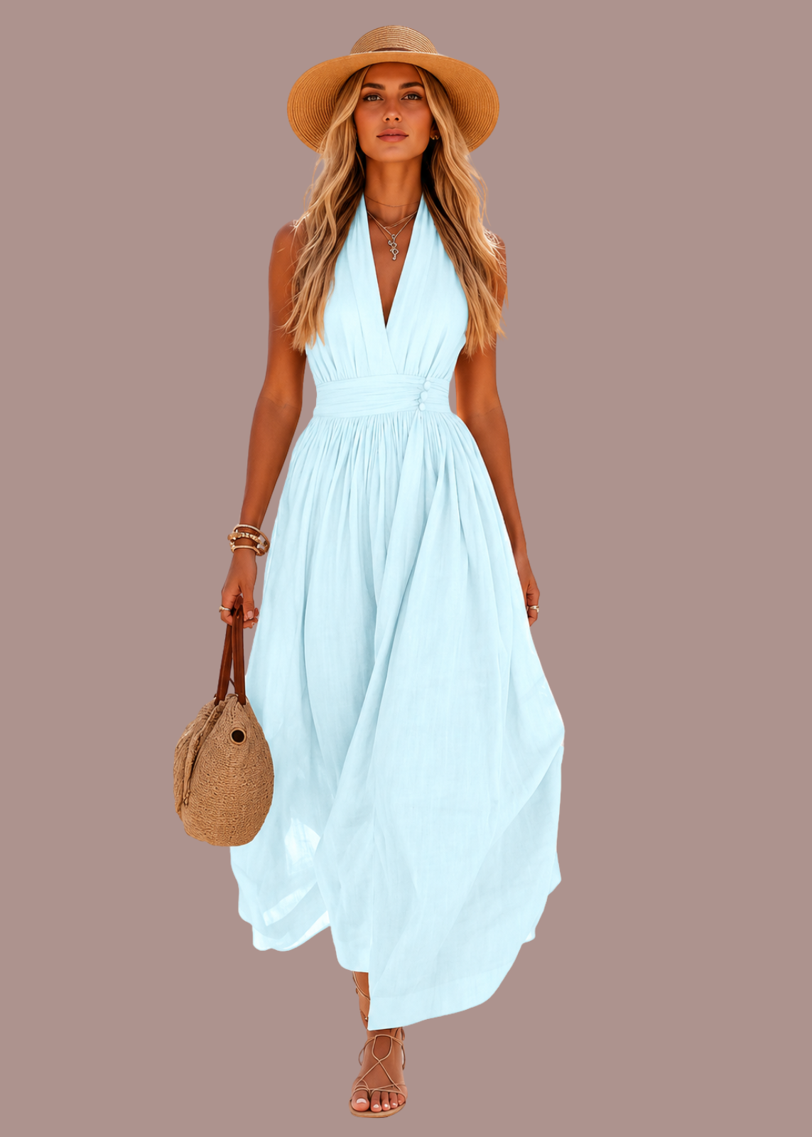 Abito lungo boho all'americana con scollo a V profondo