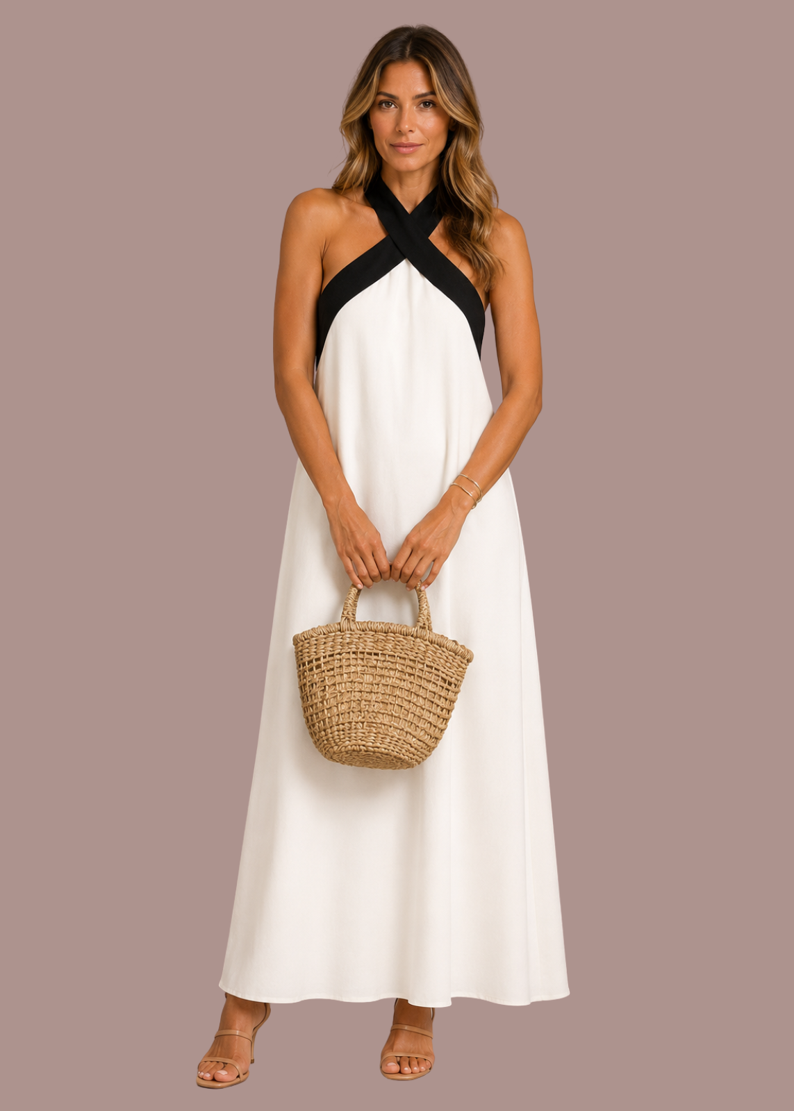 Abito midi all'americana con fasce incrociate a contrasto