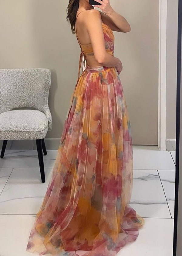 Abito lungo in chiffon a fiori con scollo a portafoglio