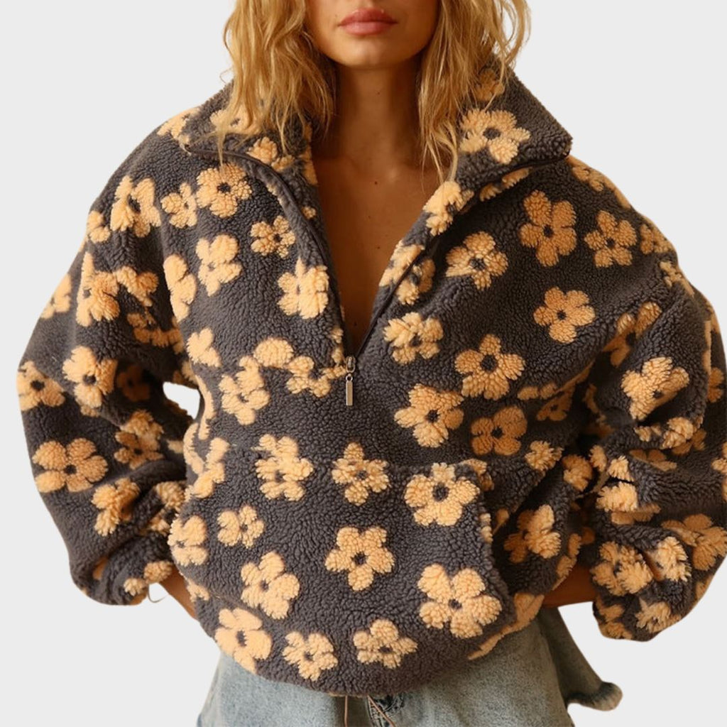 Maglione teddy oversize con stampa a fiori e zip