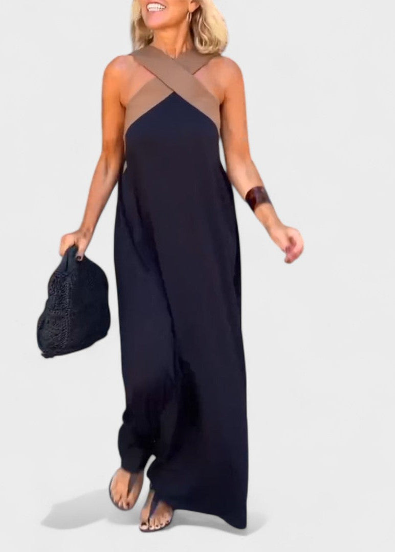 Abito midi all'americana con fasce incrociate a contrasto