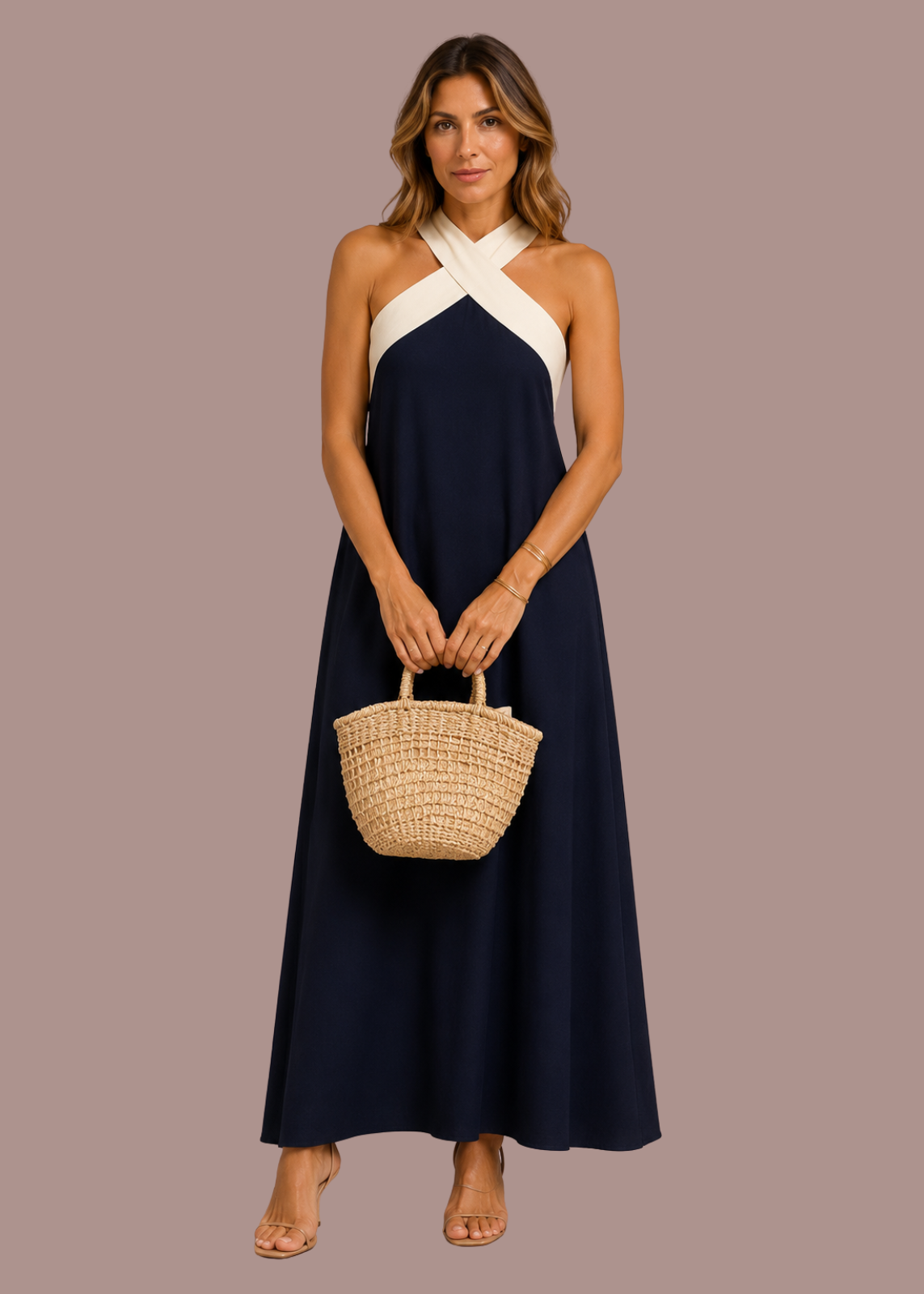 Abito midi all'americana con fasce incrociate a contrasto