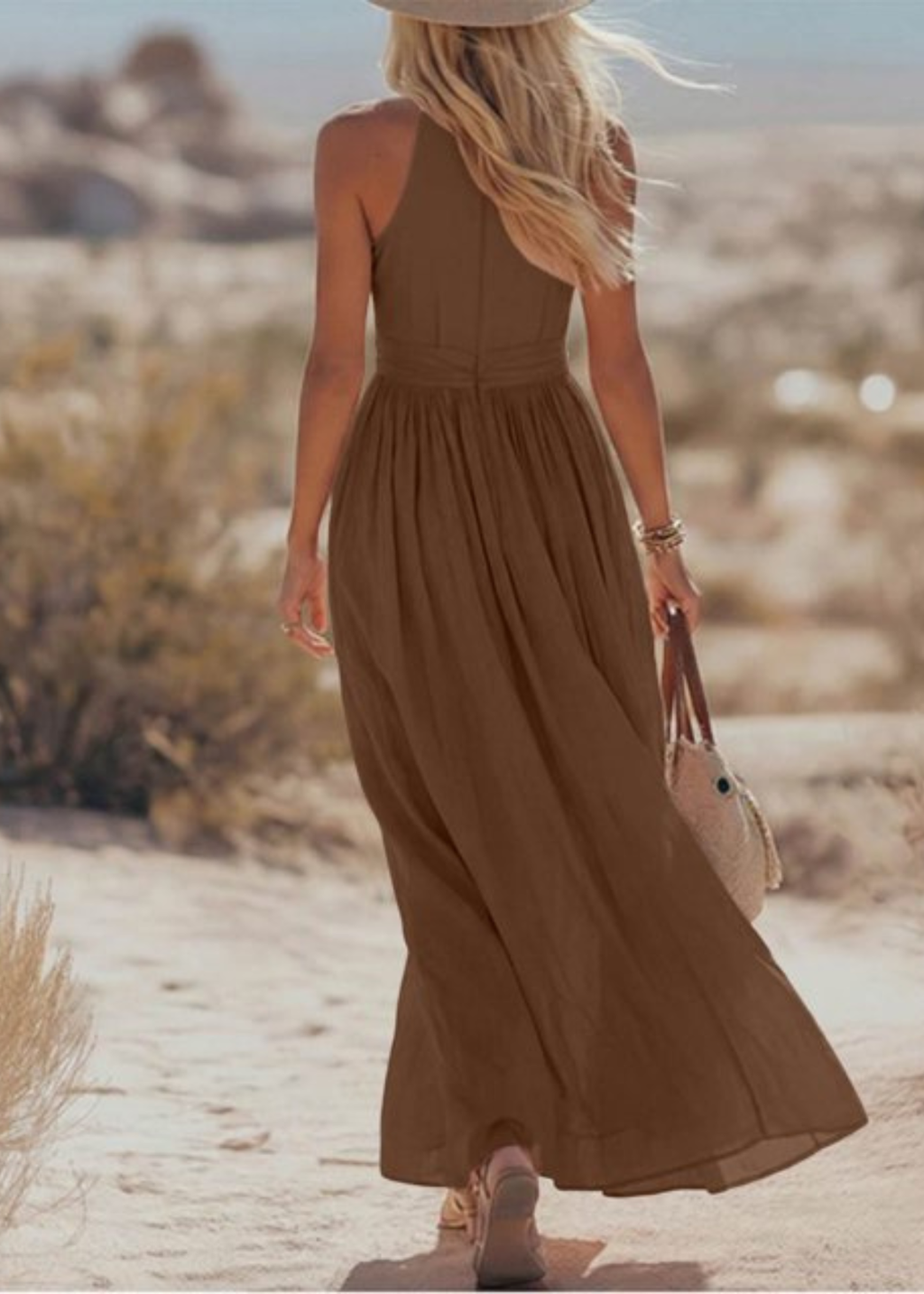 Abito lungo boho all'americana con scollo a V profondo