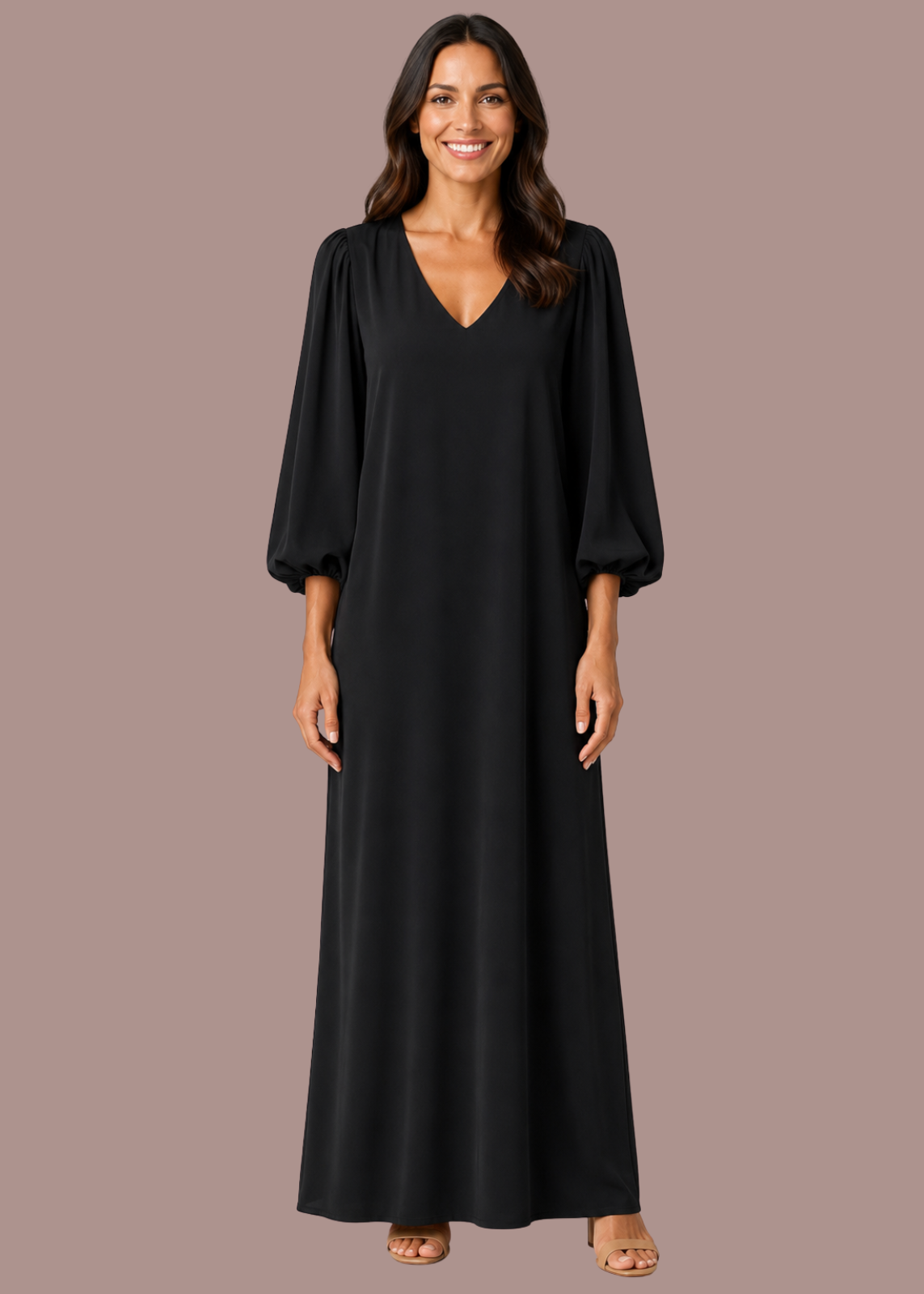 Abito lungo oversize con scollo a V e maniche lunghe