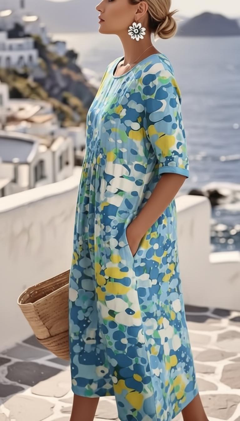 Abito midi a fiori con maniche corte e punto vita sagomato