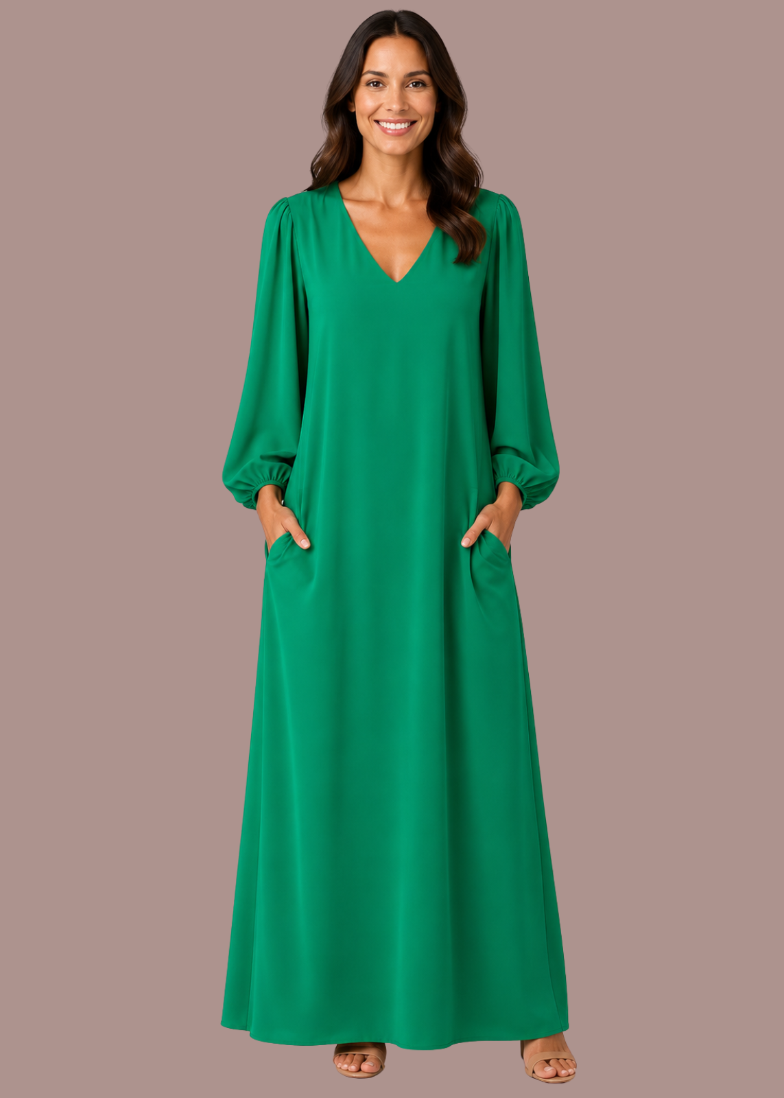 Abito lungo oversize con scollo a V e maniche lunghe