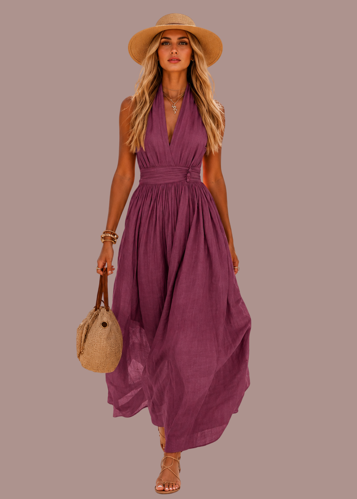 Abito lungo boho all'americana con scollo a V profondo