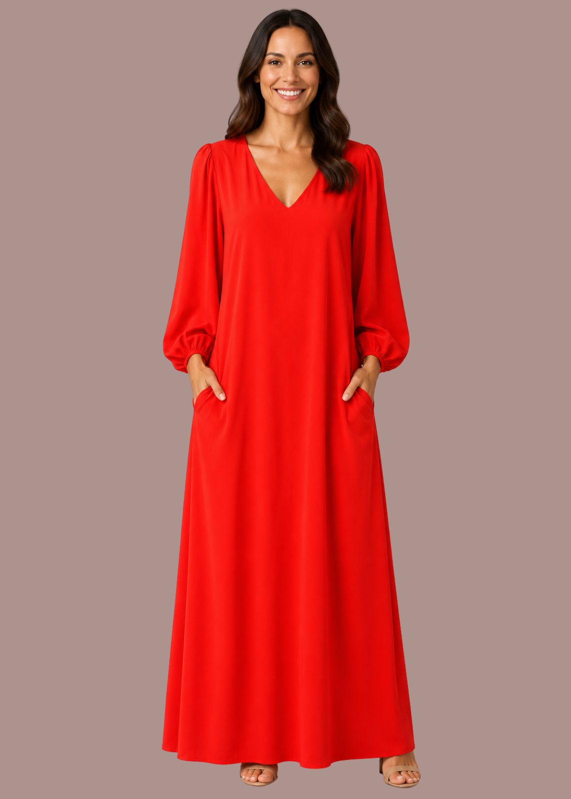 Abito lungo oversize con scollo a V e maniche lunghe