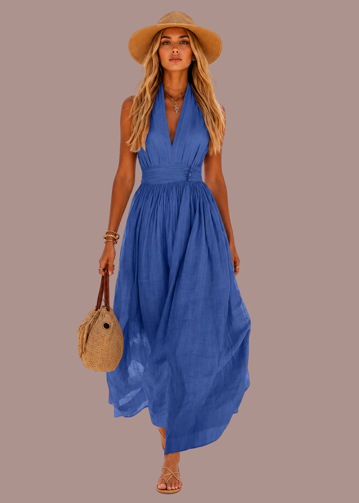 Abito lungo boho all'americana con scollo a V profondo