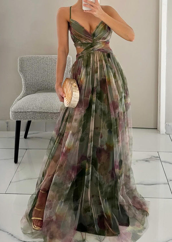 Abito lungo in chiffon a fiori con scollo a portafoglio