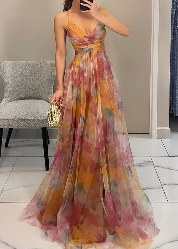Abito lungo in chiffon a fiori con scollo a portafoglio