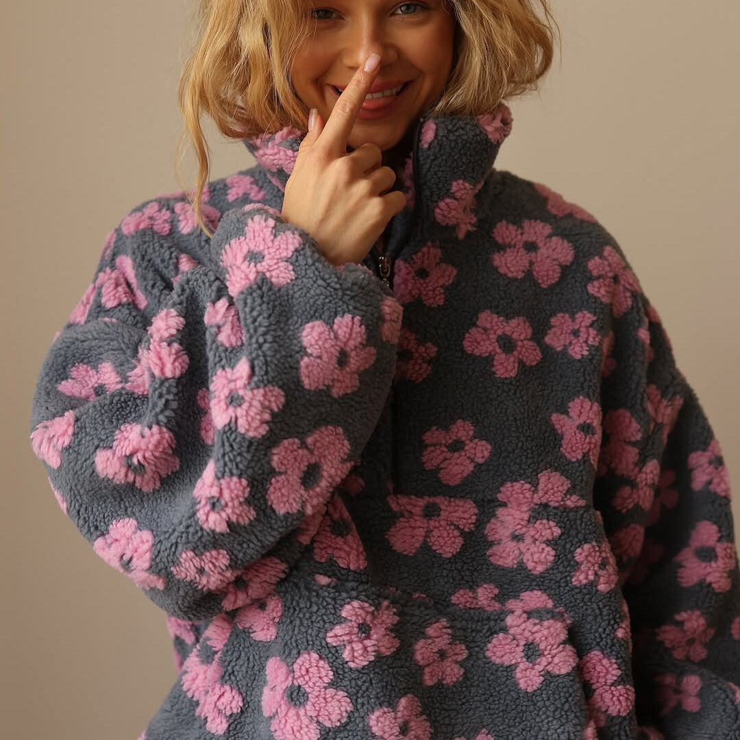 Maglione teddy oversize con stampa a fiori e zip