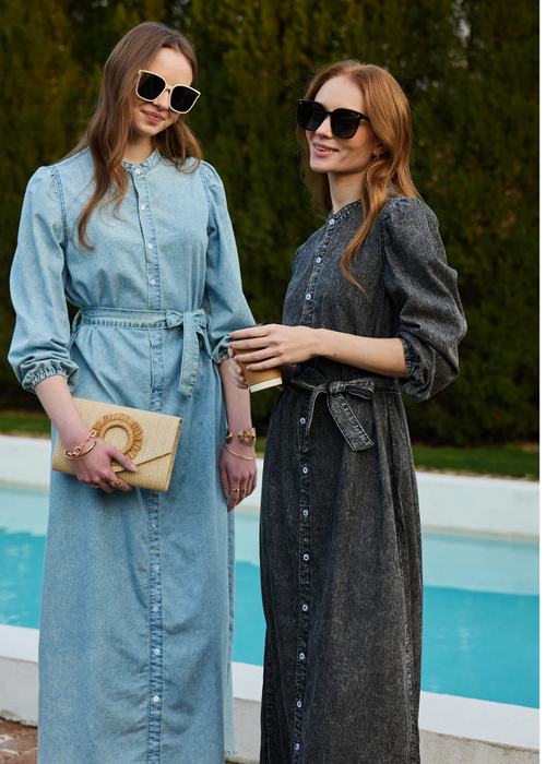 Abito chemisier lungo effetto denim con cintura