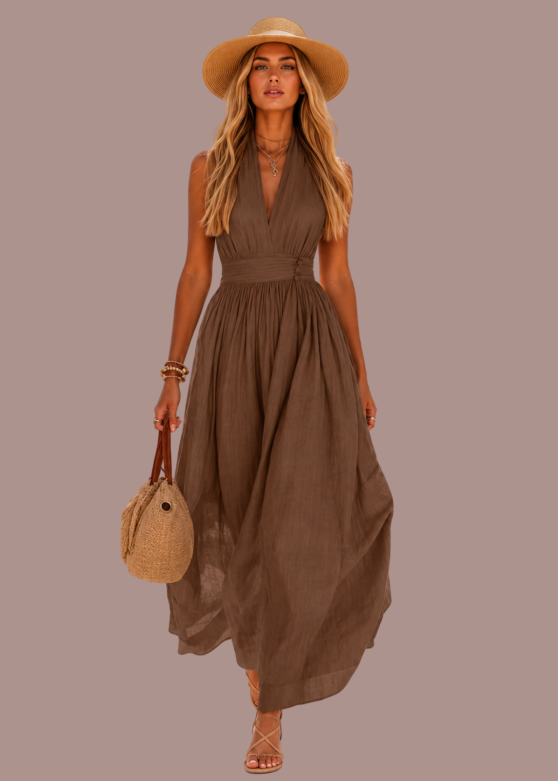 Abito lungo boho all'americana con scollo a V profondo