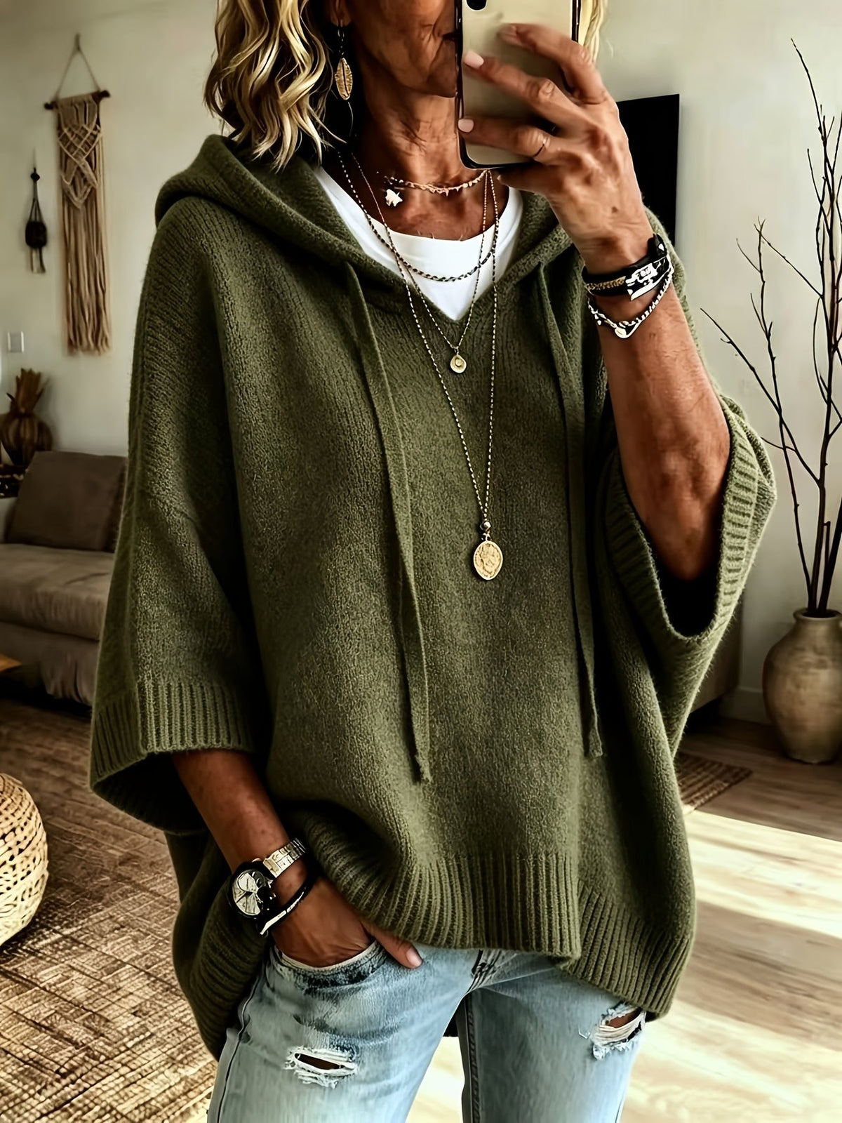 Felpa oversize con cappuccio e maniche a pipistrello