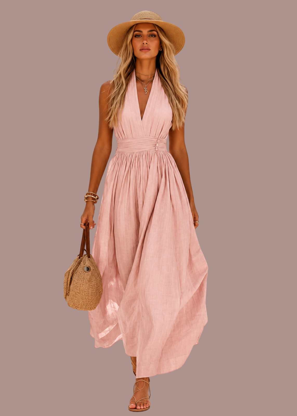 Abito lungo boho all'americana con scollo a V profondo