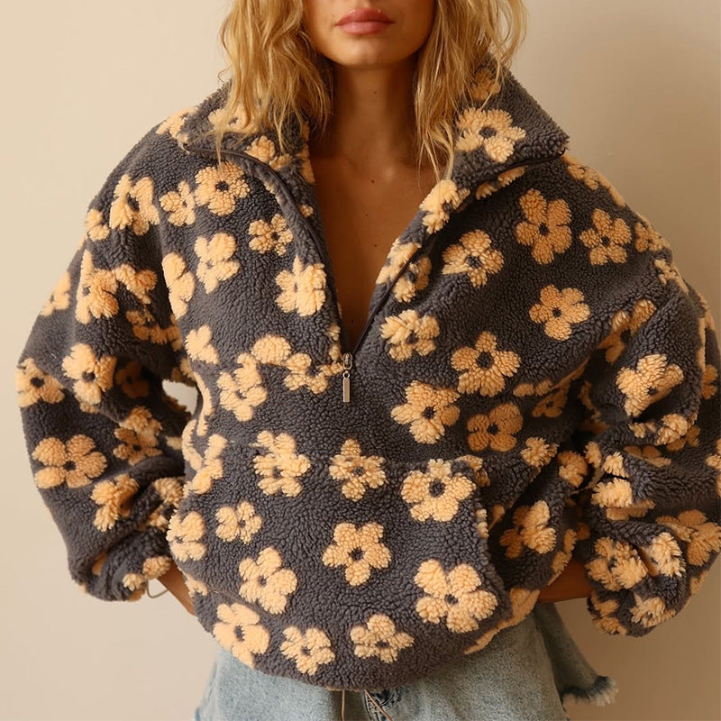 Maglione teddy oversize con stampa a fiori e zip