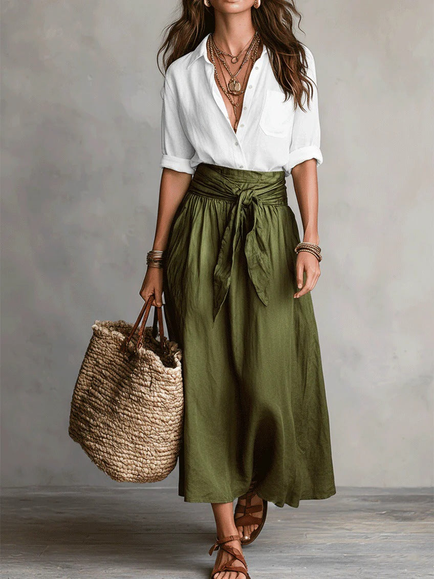 Completo due pezzi con camicia a maniche lunghe e gonna midi