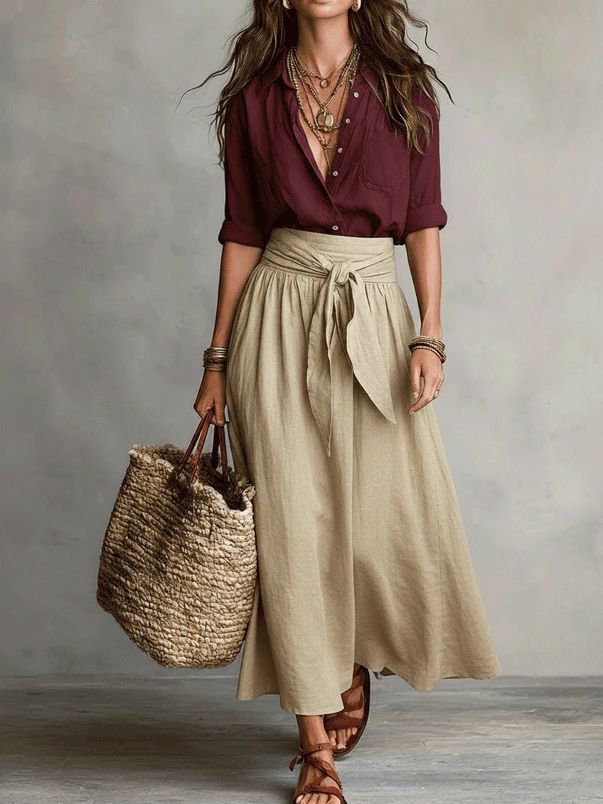 Completo due pezzi con camicia a maniche lunghe e gonna midi