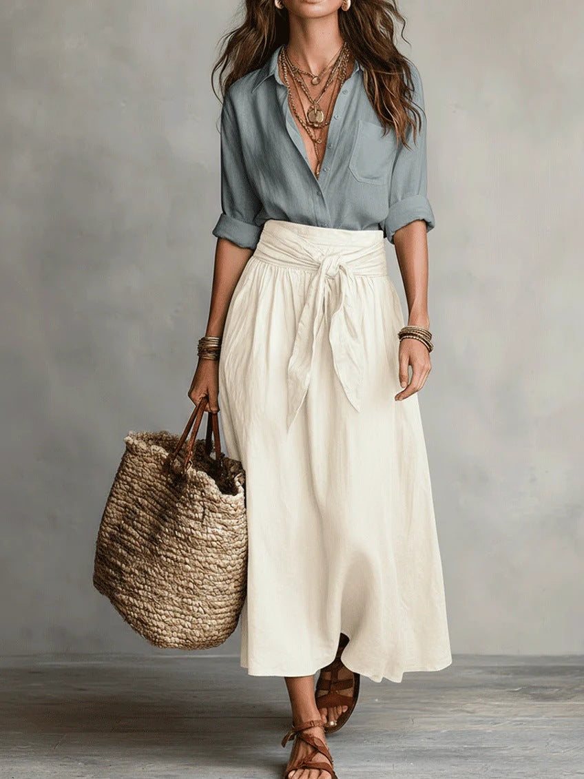 Completo due pezzi con camicia a maniche lunghe e gonna midi
