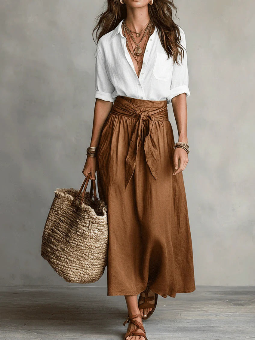 Completo due pezzi con camicia a maniche lunghe e gonna midi