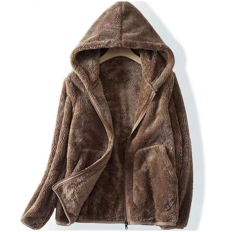 Felpa oversize in tessuto teddy con cappuccio e zip
