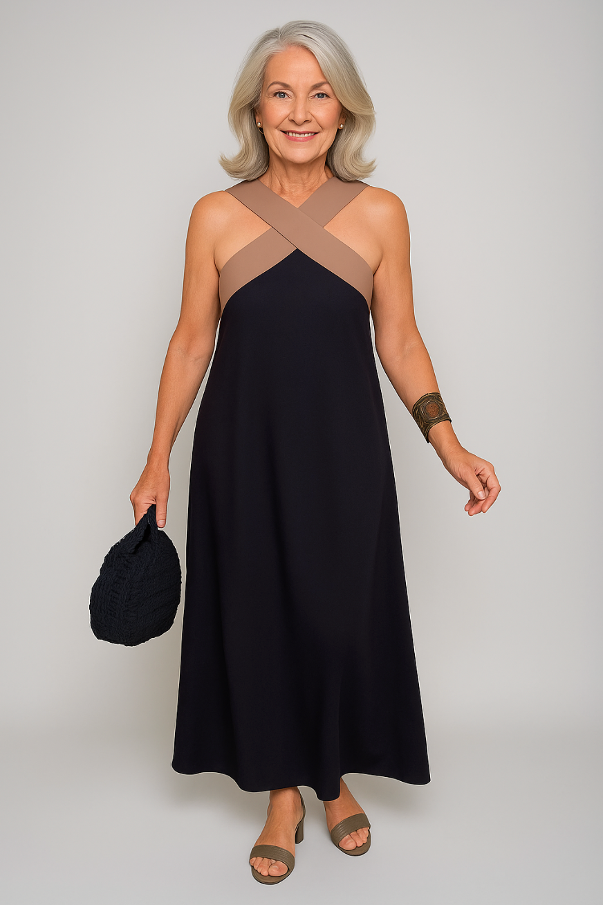 Abito midi all'americana con fasce incrociate a contrasto