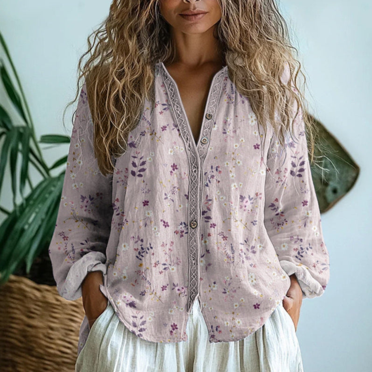 Blusa a maniche lunghe con abbottonatura e profilo a contrasto