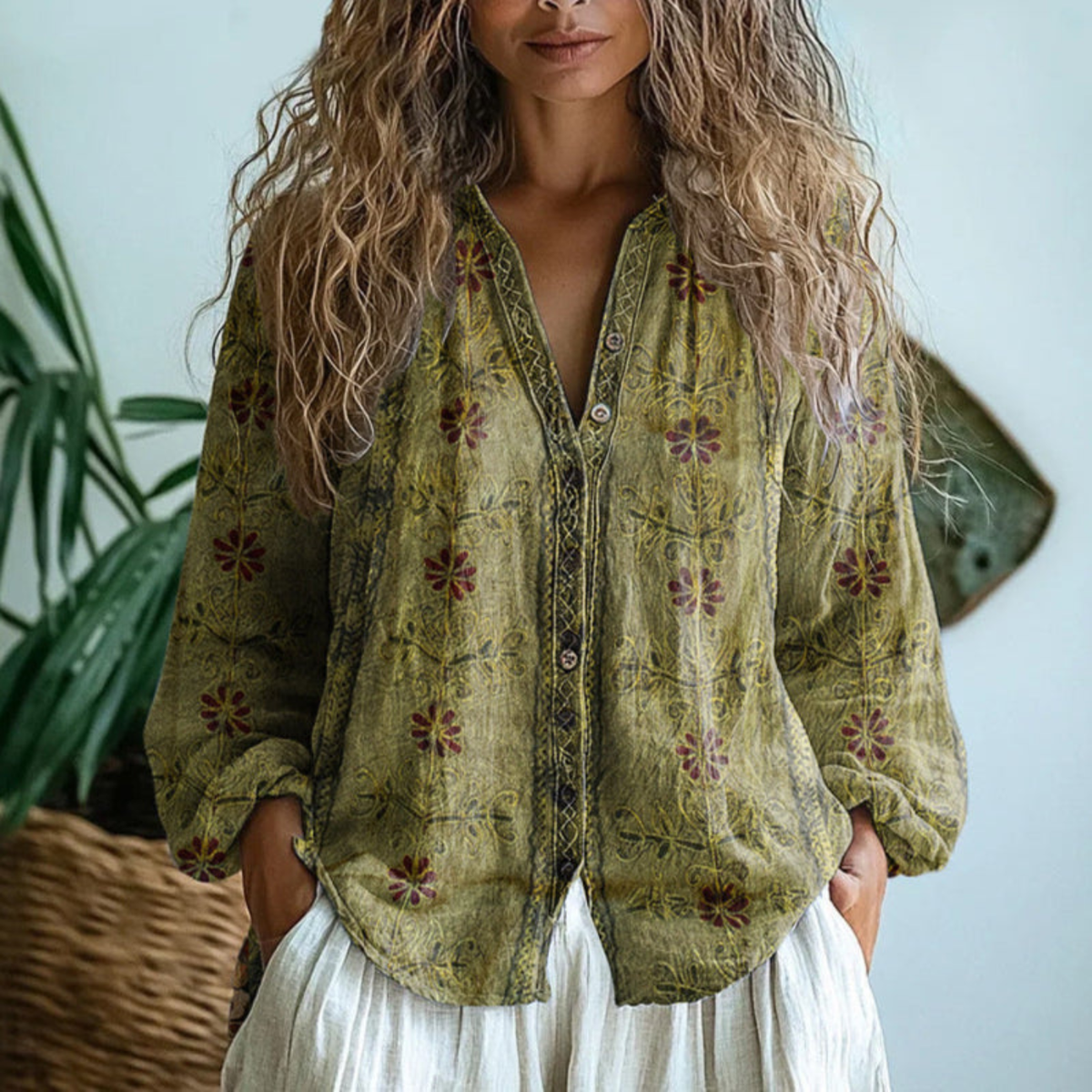Blusa a maniche lunghe con abbottonatura e profilo a contrasto