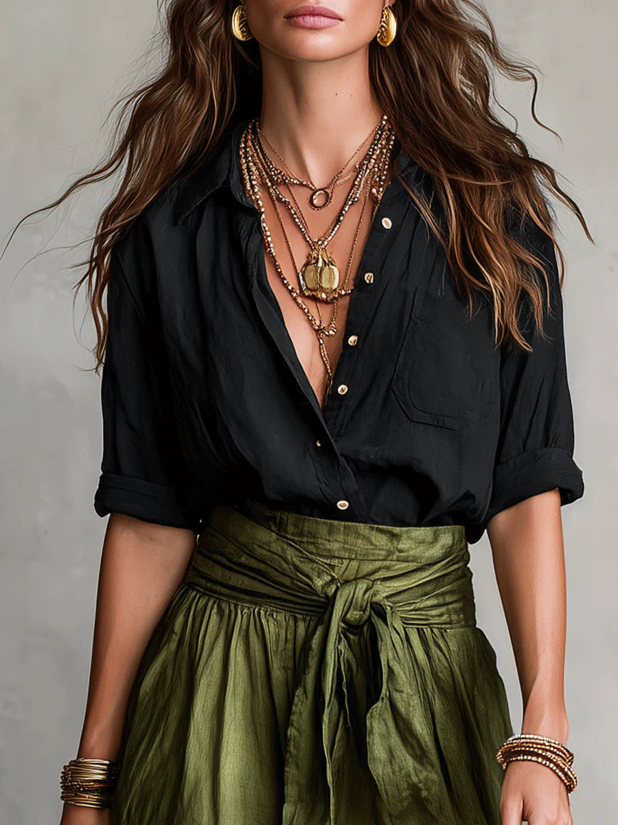 Completo due pezzi con camicia a maniche lunghe e gonna midi