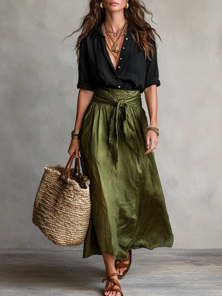 Completo due pezzi con camicia a maniche lunghe e gonna midi