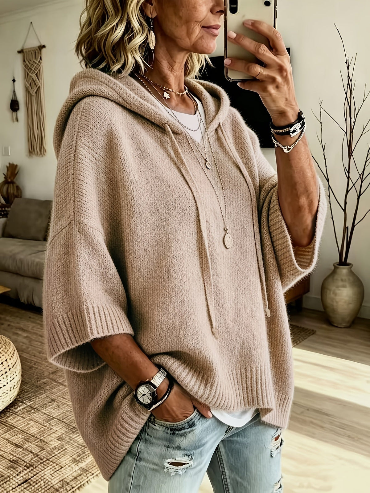 Felpa oversize con cappuccio e maniche a pipistrello