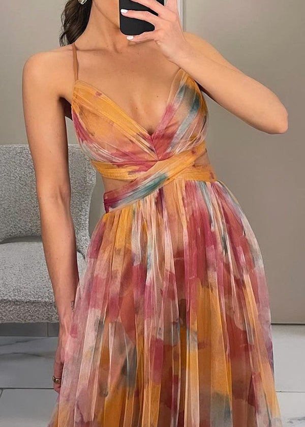 Abito lungo in chiffon a fiori con scollo a portafoglio