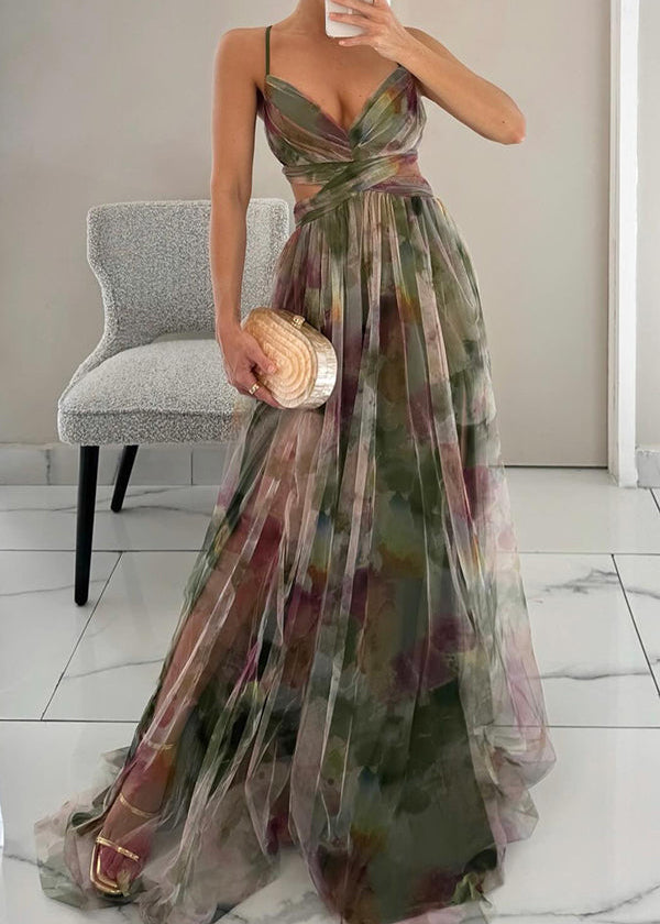 Abito lungo in chiffon a fiori con scollo a portafoglio