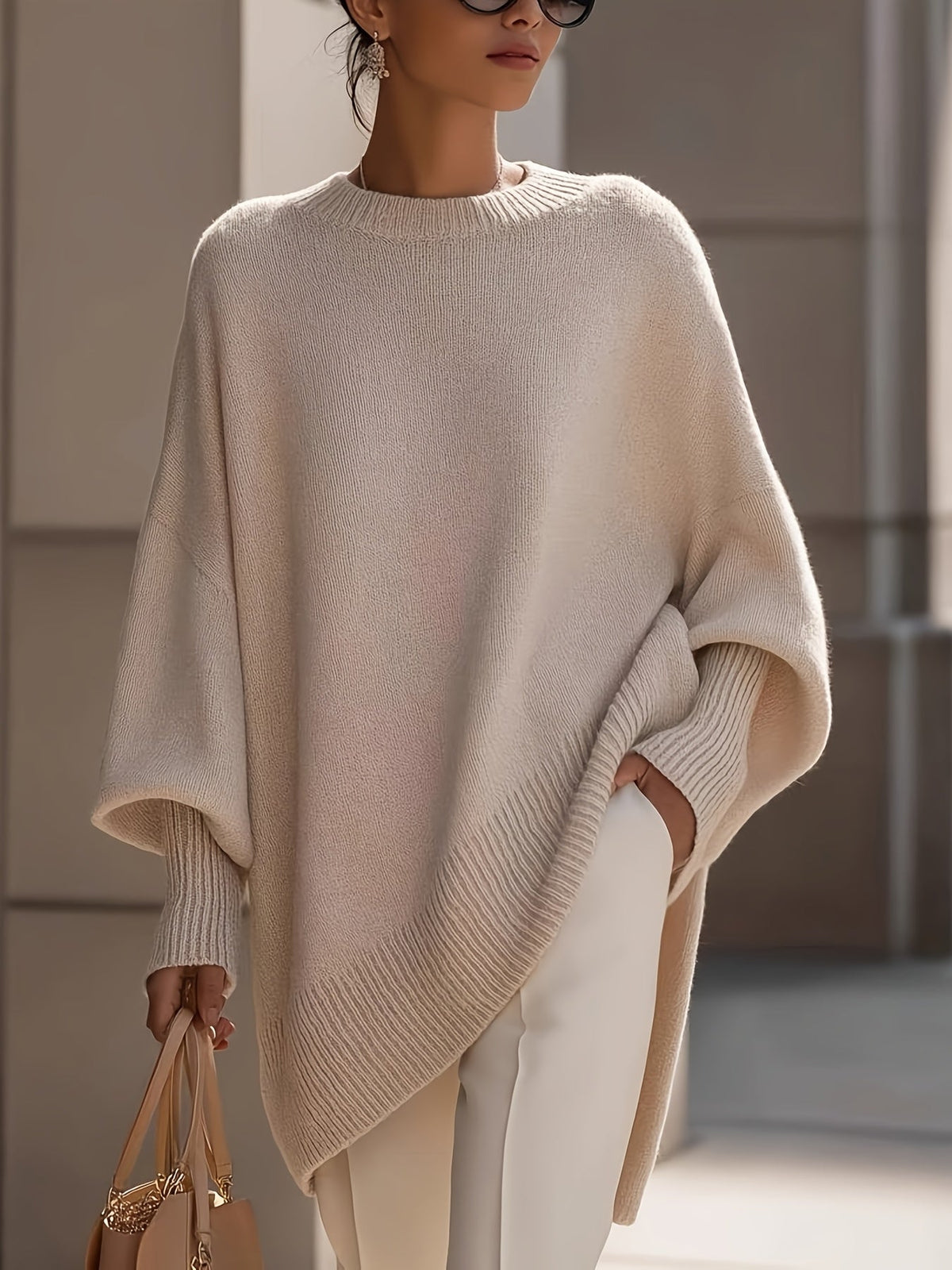 Maglione oversize a girocollo con maniche a pipistrello e coste