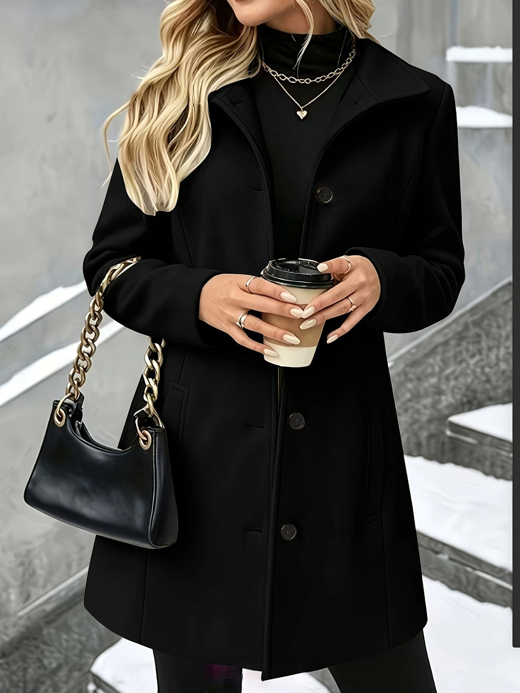 Cappotto lungo in misto lana con revers e bottoni