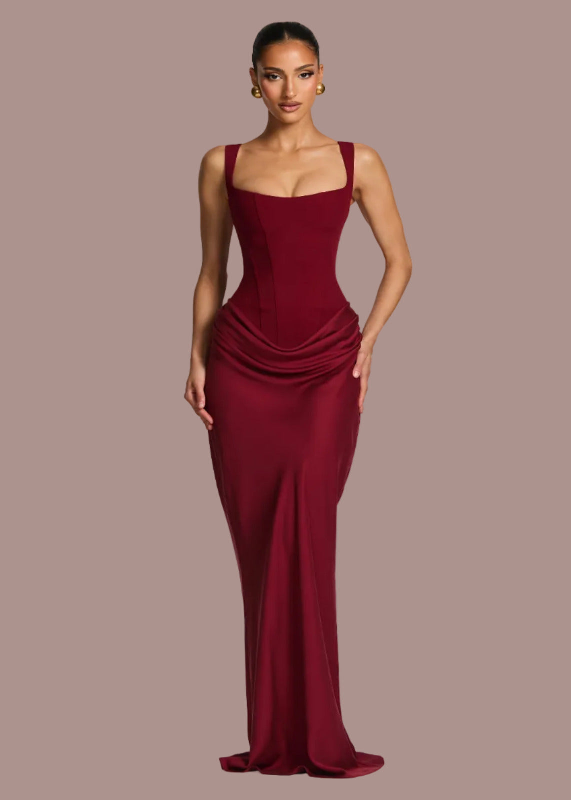 Abito lungo con scollo quadrato e corpetto a corsetto drappeggiato